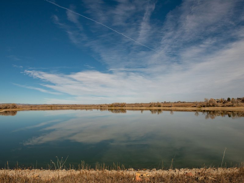 A lake in the middle of a grassy field.