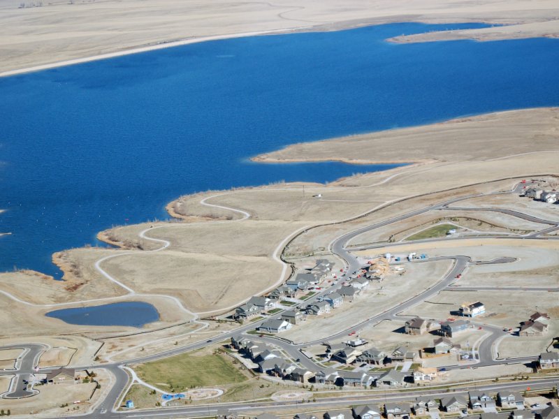 An aerial photo of Aurora Reservoir.