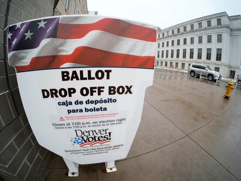 A close-up shot of a ballot drop off box