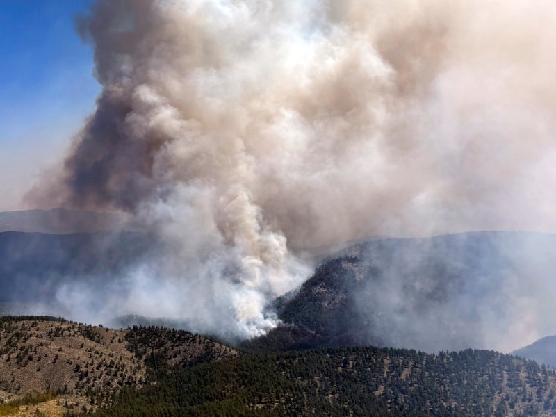 A large plume of smoke rises from a wildfire burning through a forested mountain area under a clear sky.