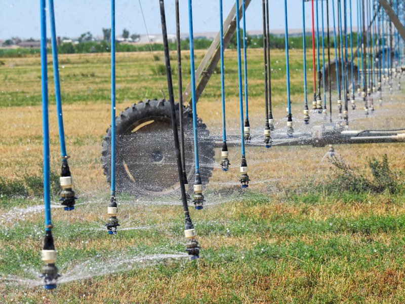 A pivot sprinkler system irrigating a green field with multiple nozzles spraying water evenly. The large wheels of the system are visible in the background.