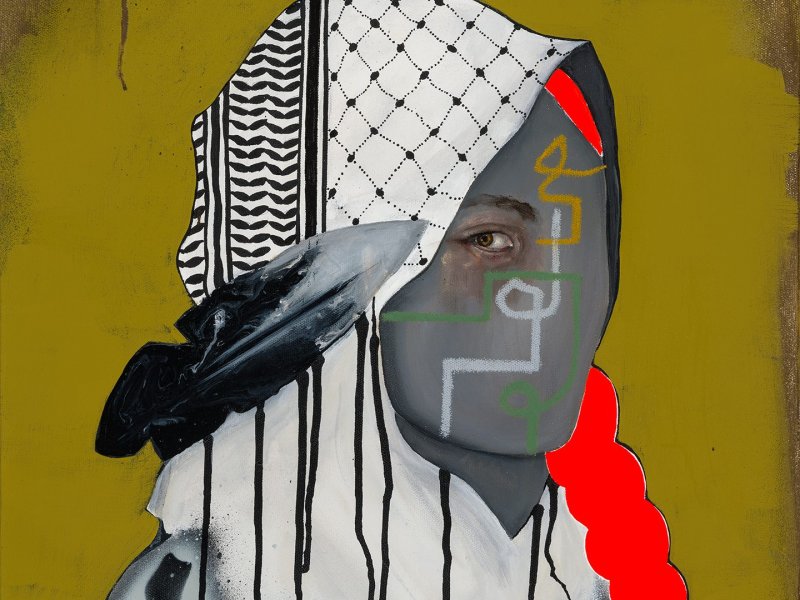 The painting "G is for Genocide," which features a woman in profile, her face grayed out except one eye staring directly at the viewer. She is wearing a keffiyeh.