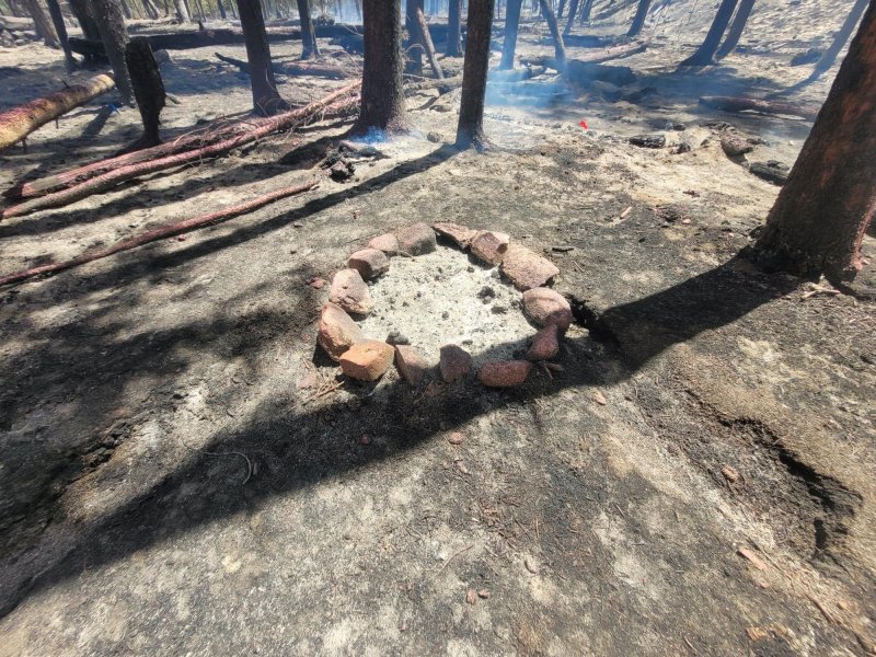 A circle of rocks surrounds a burnt out campfire in the forest with fallen trees and some lingering smoke in the background.