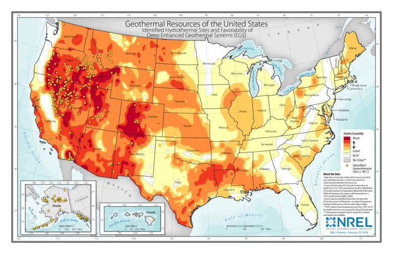 Map of the USA illustrating geothermal resource availability, with high potential areas marked in red and orange mainly in the western states, and low potential areas in yellow and beige.