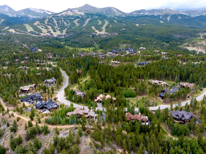 aerial view of large homes in a forest with mountain backdrop