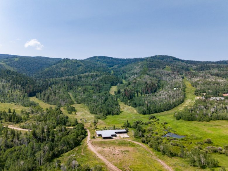 An aerial view shows a building surrounded by trees covering a mountain. Long stretches are cleared of trees, which are ski runs when it snows. 