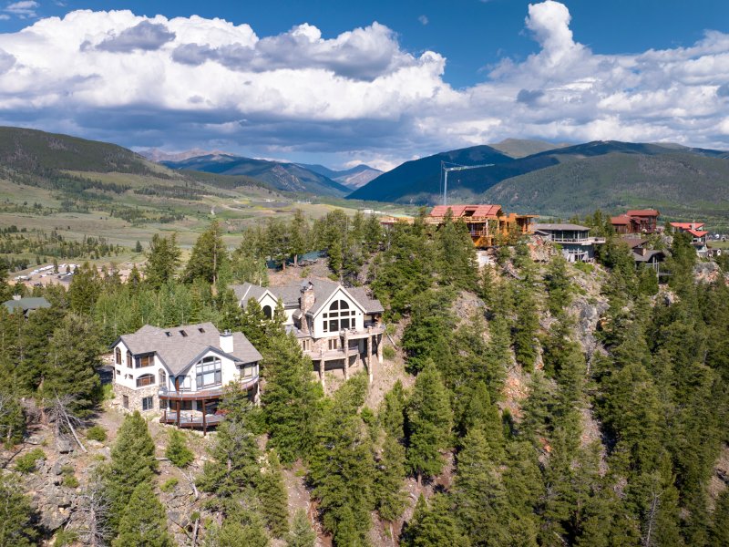 homes in a forest with mountains in background