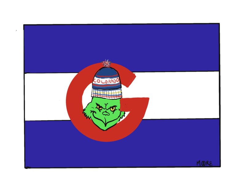 The Colorado flag with the Grinch as the sun