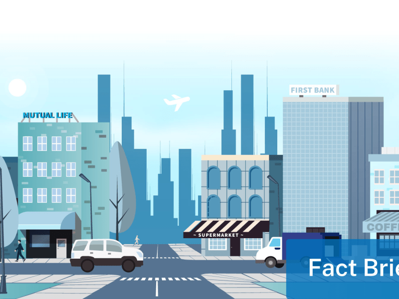 Illustration of a cityscape featuring buildings such as a pharmacy, supermarket, bank, and coffee shop, with cars on the road, a pedestrian observing street signs about Colorado motorcycle law, and an airplane flying in the background.