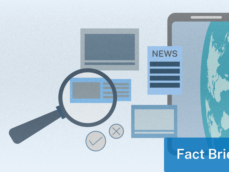 Graphic of a magnifying glass, news articles and a phone