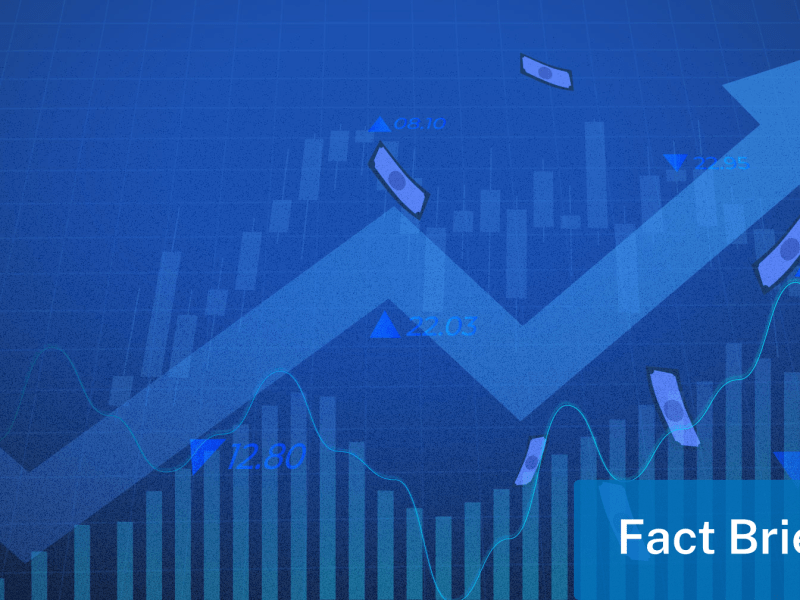 A computer illustration showing a rising trend line, stock market listings and cash falling from the sky.