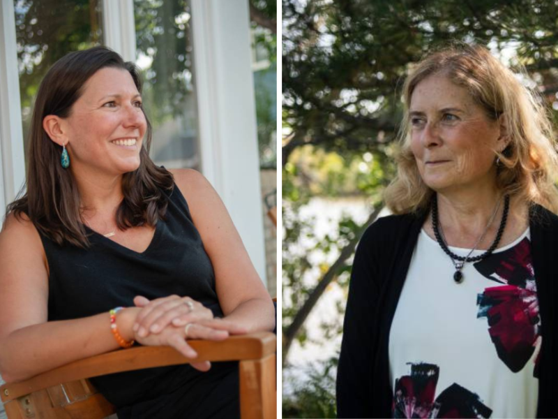 Two photos combined together On the left is Marisol Rodriguez sitting on a rocking chair on a porch. On the right is Kathy Gebhardt in a dress in front of trees.