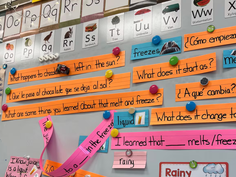 Sentences in English and Spanish are posted on a white board using magnets