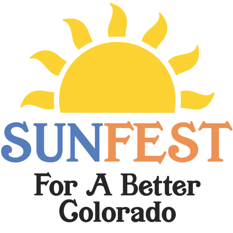 Logo of Sunfest with a yellow sun above the word "SUNFEST" in blue and orange letters, followed by the text "For A Better Colorado" in black.